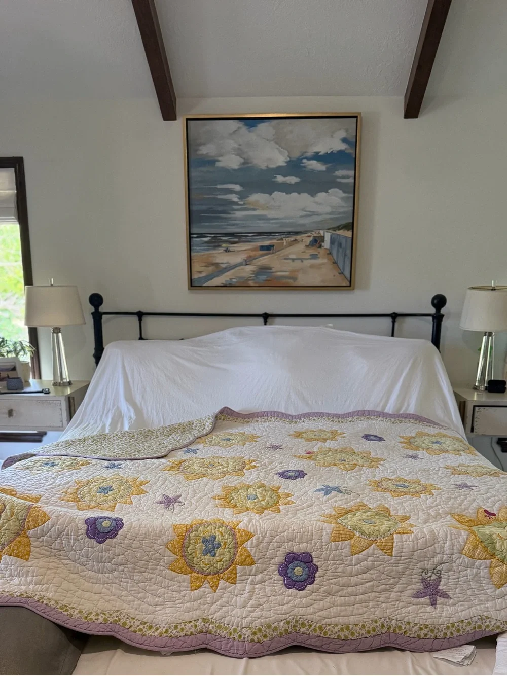 Pottery Barn Kids Cream, Yellow and Purple Floral Sunburst Quilt